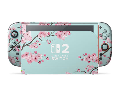Lux Skins Nintendo Switch 2 Teal Cherry Blossom Hearts logo Skins - Art Floral Skin