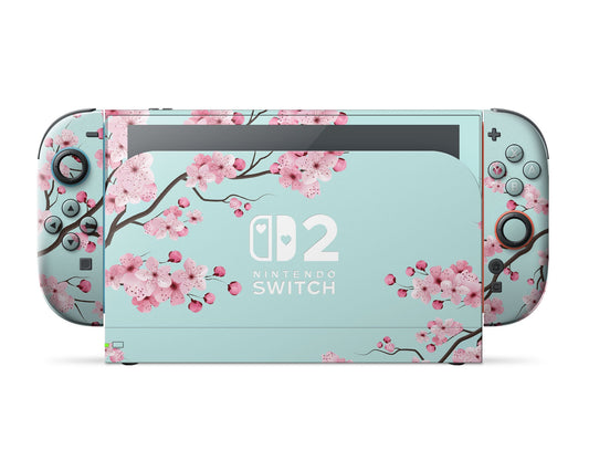 Lux Skins Nintendo Switch 2 Teal Cherry Blossom Hearts logo Skins - Art Floral Skin