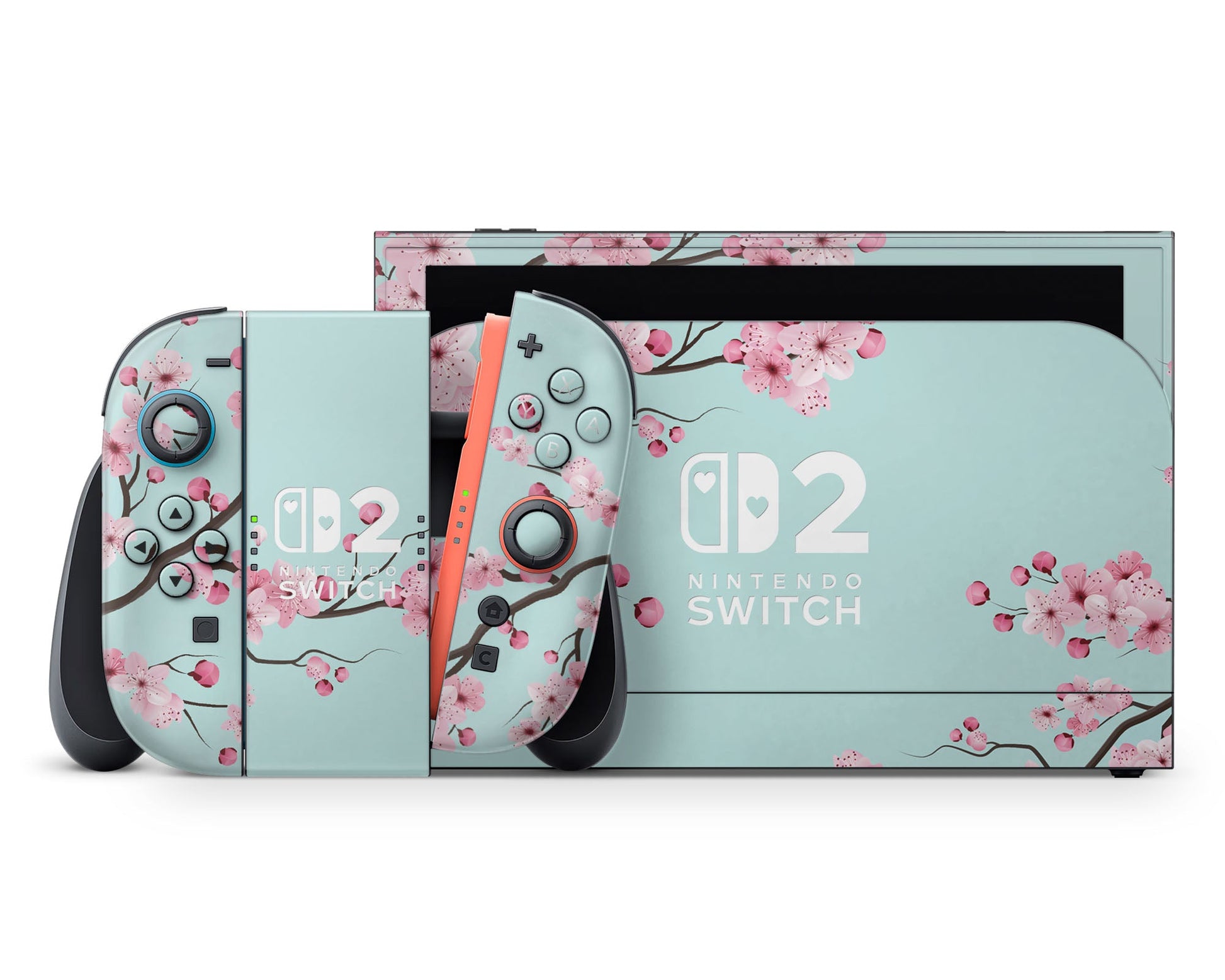 Lux Skins Nintendo Switch 2 Teal Cherry Blossom Hearts logo Skins - Art Floral Skin