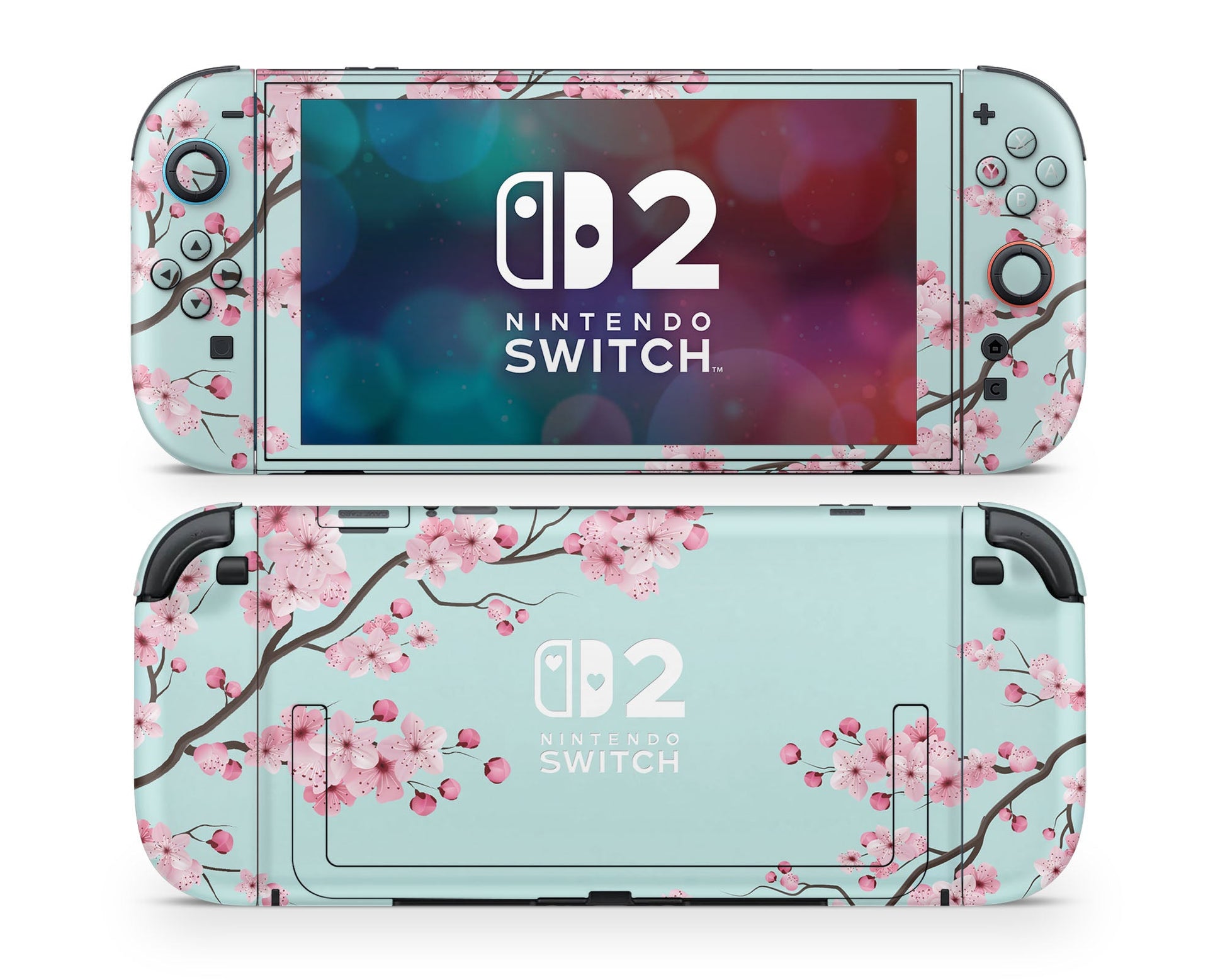 Lux Skins Nintendo Switch 2 Teal Cherry Blossom Hearts logo Skins - Art Floral Skin
