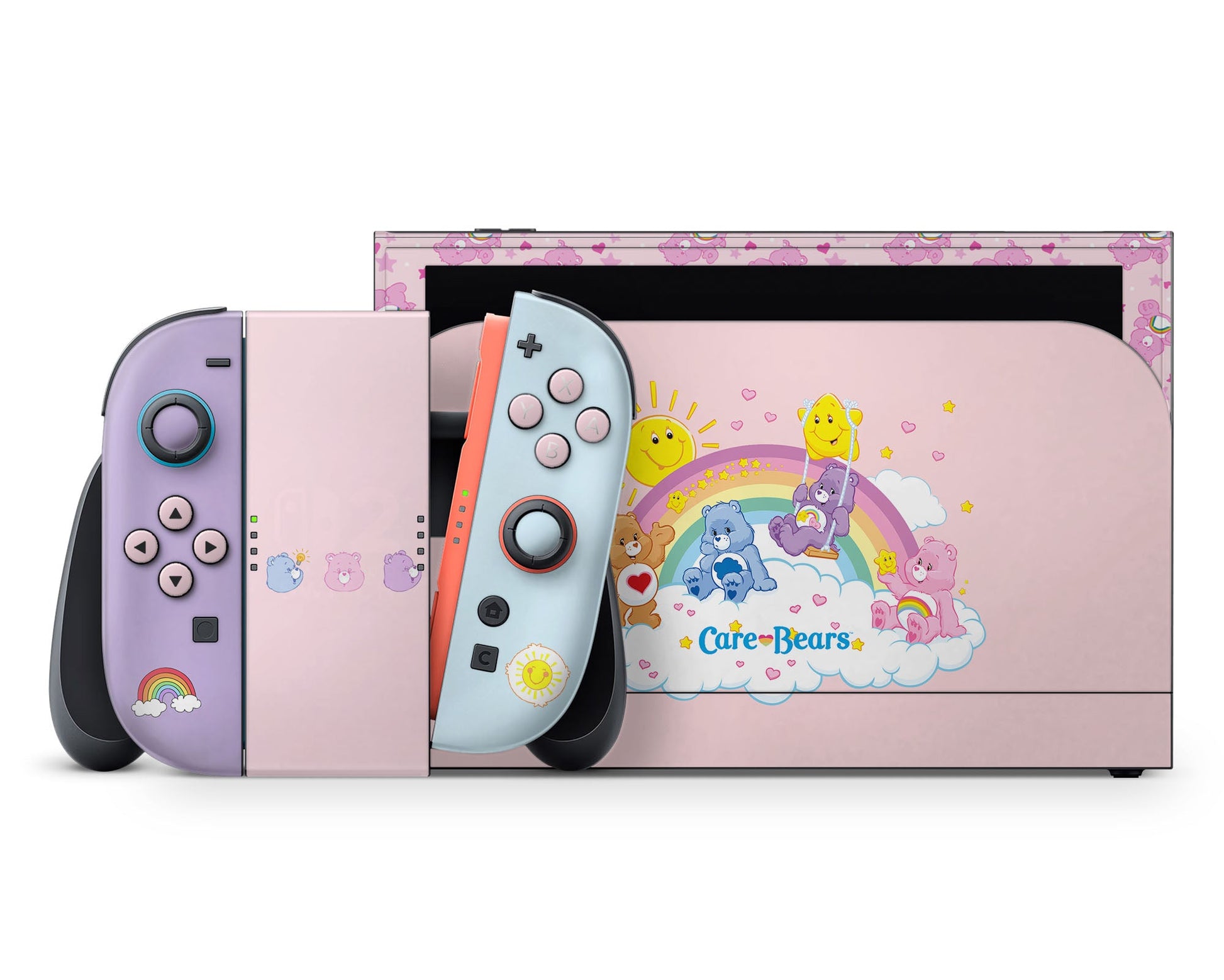 Lux Skins Nintendo Switch 2 Care Bears Rainbow Pink Full Set +Tempered Glass Skins - Pop culture Care Bears Skin