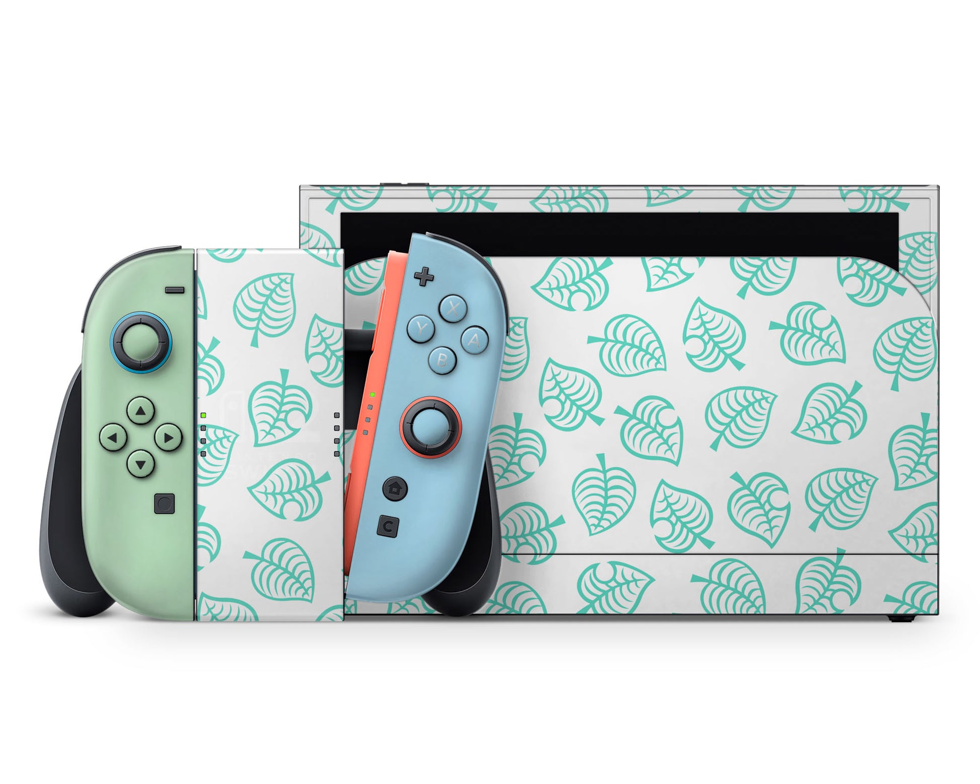 Lux Skins Nintendo Switch 2 Animal Crossing Leaf Blue Green Full Set +Tempered Glass Skins - Pop culture Animal Crossing Skin