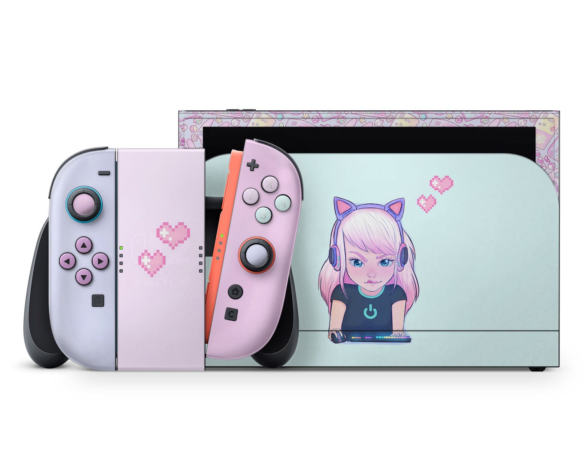 Lux Skins Nintendo Switch 2 Gamer Girl Mint Pastels Full Set +Tempered Glass Skins - Art Cute Skin