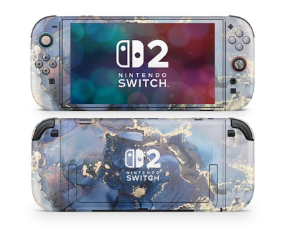 Lux Skins Nintendo Switch 2 Ethereal Blue Gold Marble Nintendo logo Skins - Pattern Marble Skin