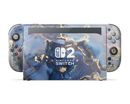 Lux Skins Nintendo Switch 2 Ethereal Blue Gold Marble Hearts logo Skins - Pattern Marble Skin