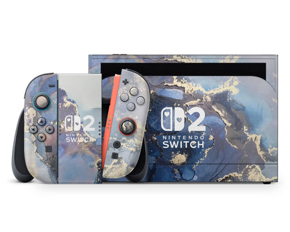 Lux Skins Nintendo Switch 2 Ethereal Blue Gold Marble Hearts logo Skins - Pattern Marble Skin