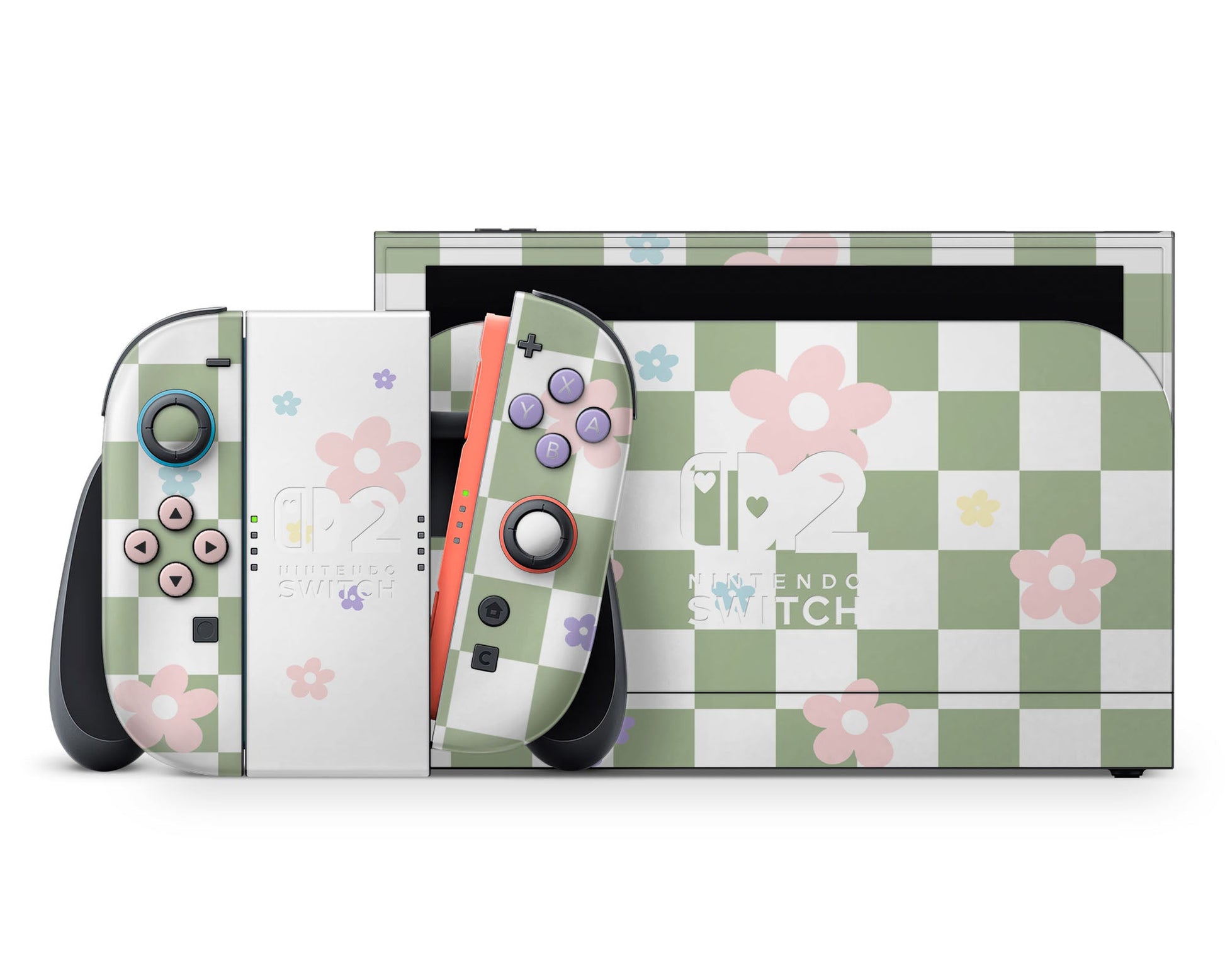 Lux Skins Nintendo Switch 2 Danish Pastel Flower Green Hearts logo Skins - Art Floral Skin