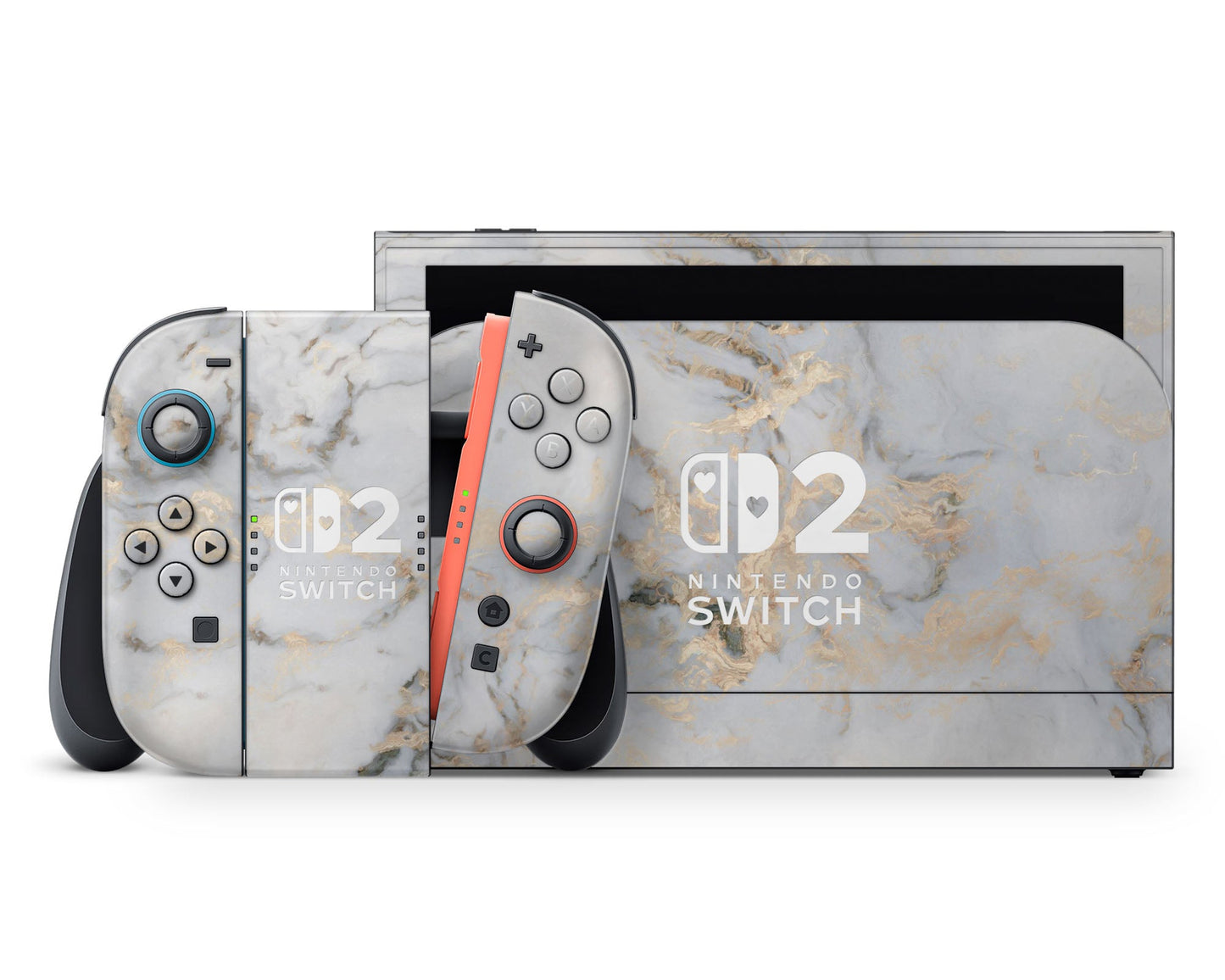 Lux Skins Nintendo Switch 2 Ethereal White Gold Marble Hearts logo Skins - Pattern Marble Skin