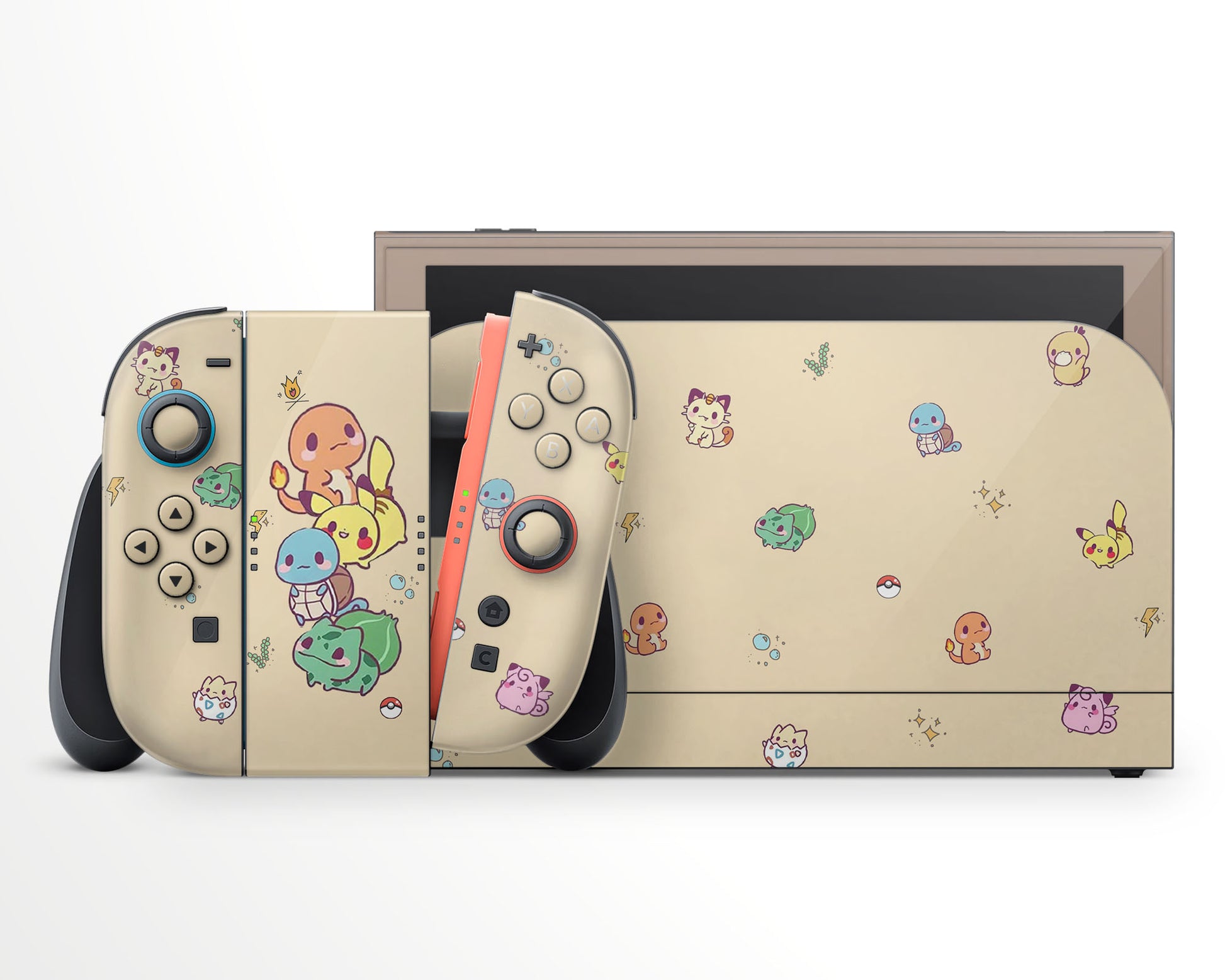 Lux Skins Nintendo Switch 2 Cute Beige Poke Pattern Full Set +Tempered Glass Skins - Pop culture Pika Skin