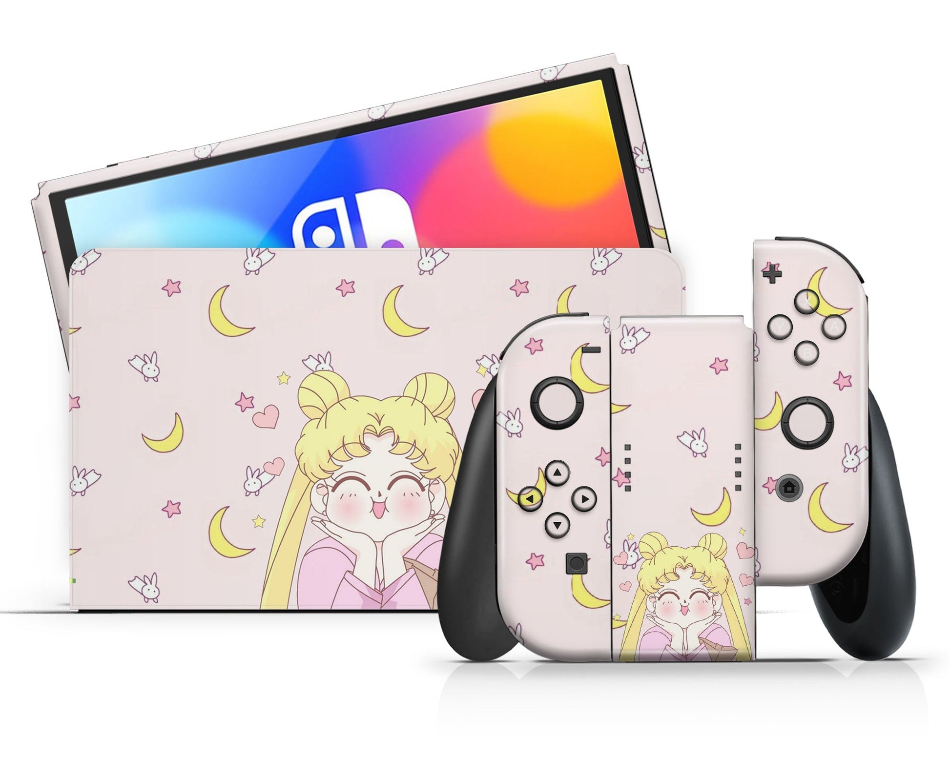 Lux Skins Nintendo Switch OLED Sailor Moon Kawaii Hearts Full Set +Tempered Glass Skins - Pop culture Sailor Moon Skin