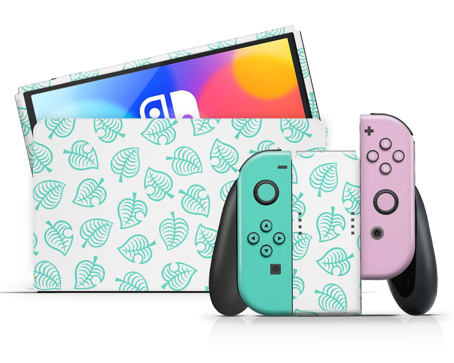 Lux Skins Nintendo Switch OLED Animal Crossing Leaf Teal Pink Full Set +Tempered Glass Skins - Pop culture Animal Crossing Skin
