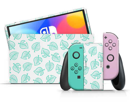 Lux Skins Nintendo Switch OLED Animal Crossing Leaf Teal Pink Full Set +Tempered Glass Skins - Pop culture Animal Crossing Skin