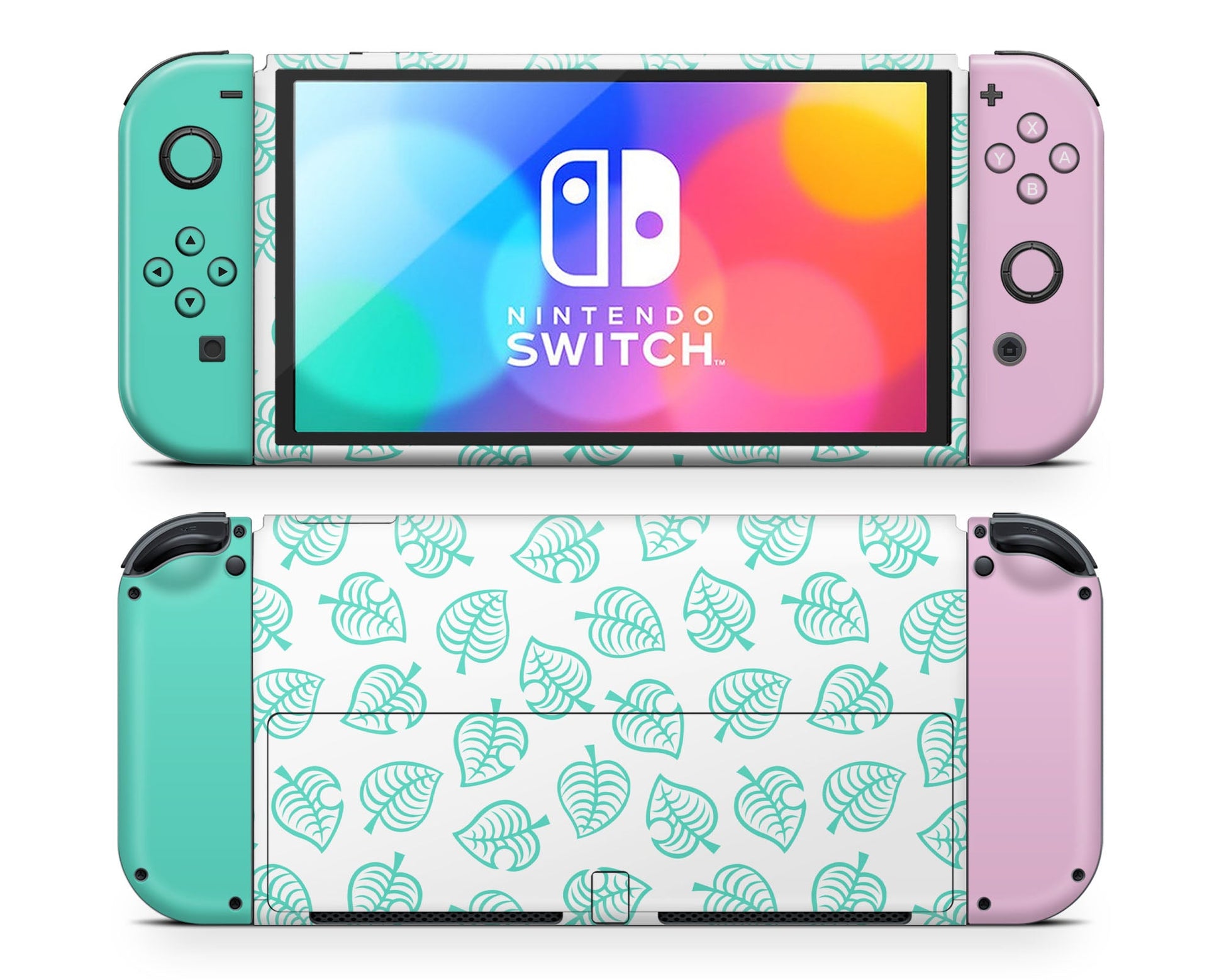 Lux Skins Nintendo Switch OLED Animal Crossing Leaf Teal Pink Full Set Skins - Pop culture Animal Crossing Skin