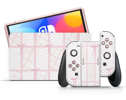 Lux Skins Nintendo Switch OLED Cute Pink Bow Full Set Skins - Pattern  Skin