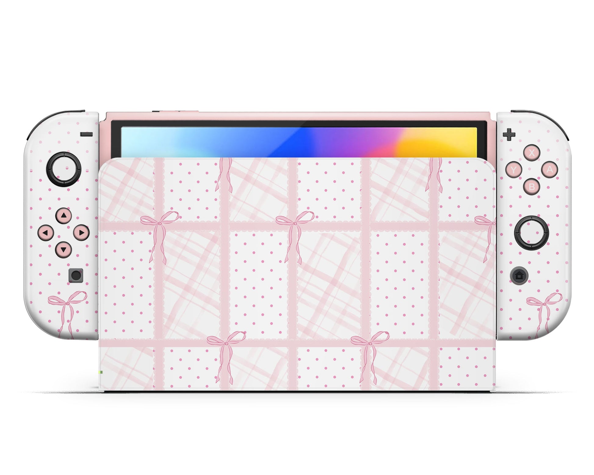 Lux Skins Nintendo Switch OLED Cute Pink Bow Full Set +Tempered Glass Skins - Pattern  Skin