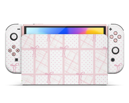 Lux Skins Nintendo Switch OLED Cute Pink Bow Full Set +Tempered Glass Skins - Pattern  Skin