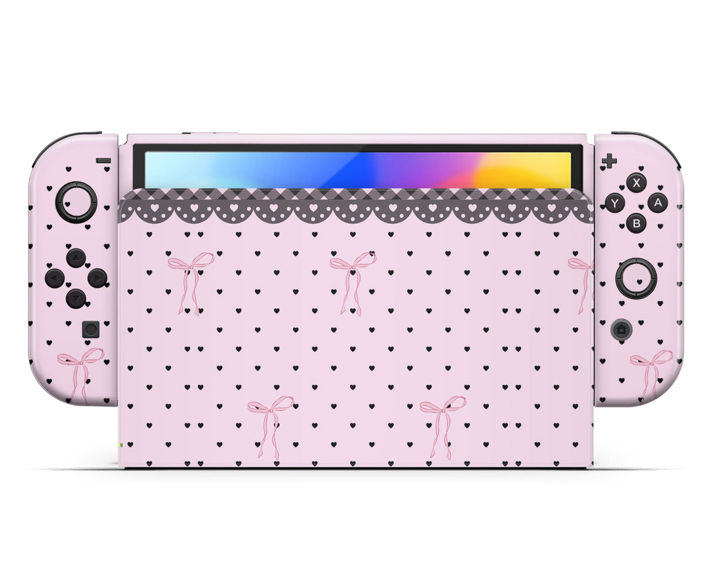 Lux Skins Nintendo Switch OLED Pink Bow Black Lace Full Set +Tempered Glass Skins - Pattern  Skin