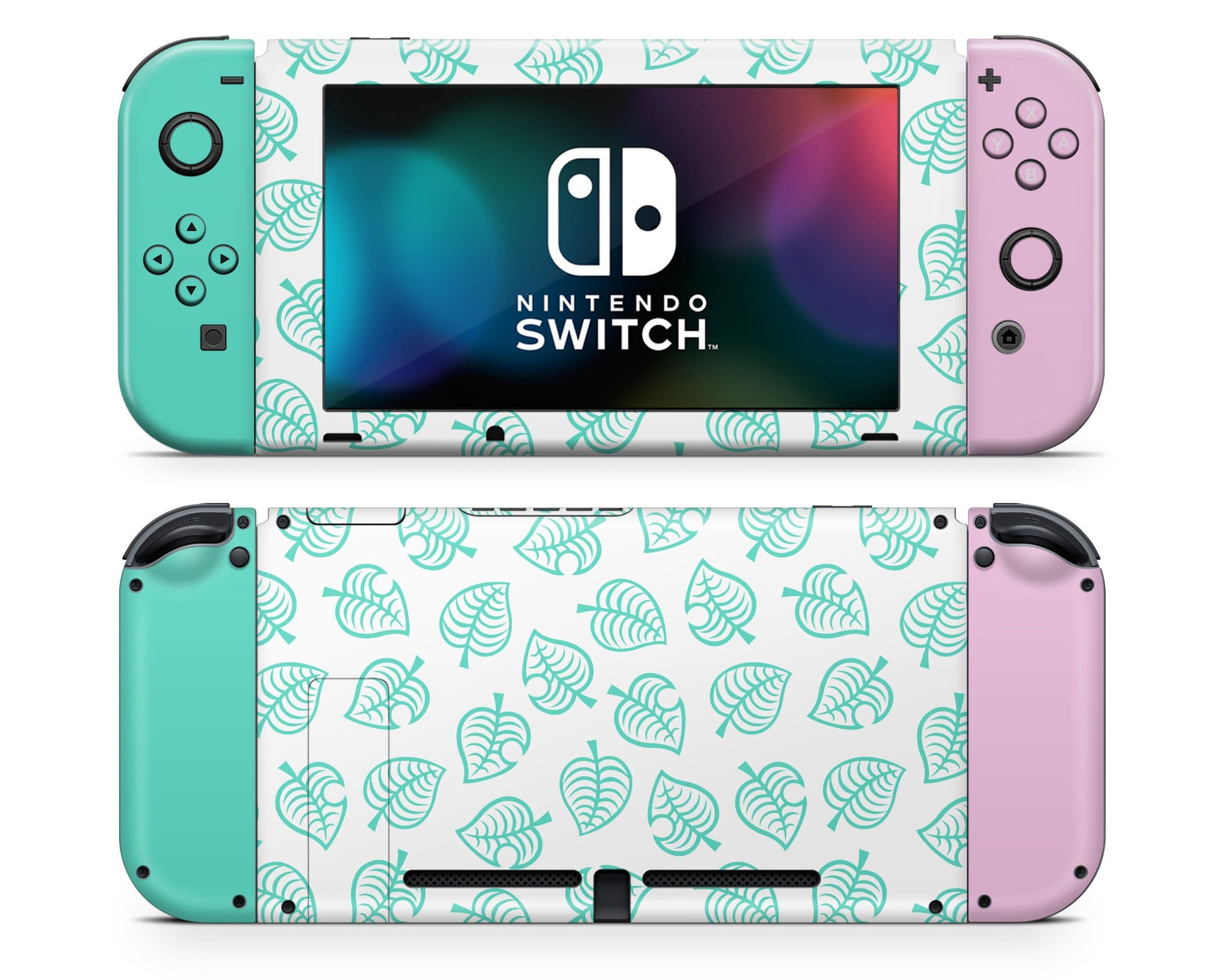 Lux Skins Nintendo Switch Animal Crossing Leaf Teal Pink Full Set +Tempered Glass Skins - Pop culture Animal Crossing Skin