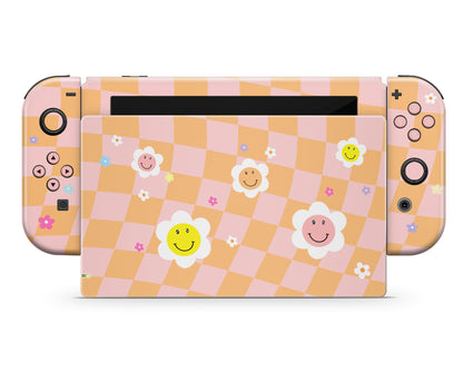Checkered Smiley Floral Nintendo Switch Skin