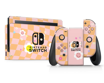 Checkered Smiley Floral Nintendo Switch Skin