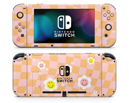 Checkered Smiley Floral Nintendo Switch Skin