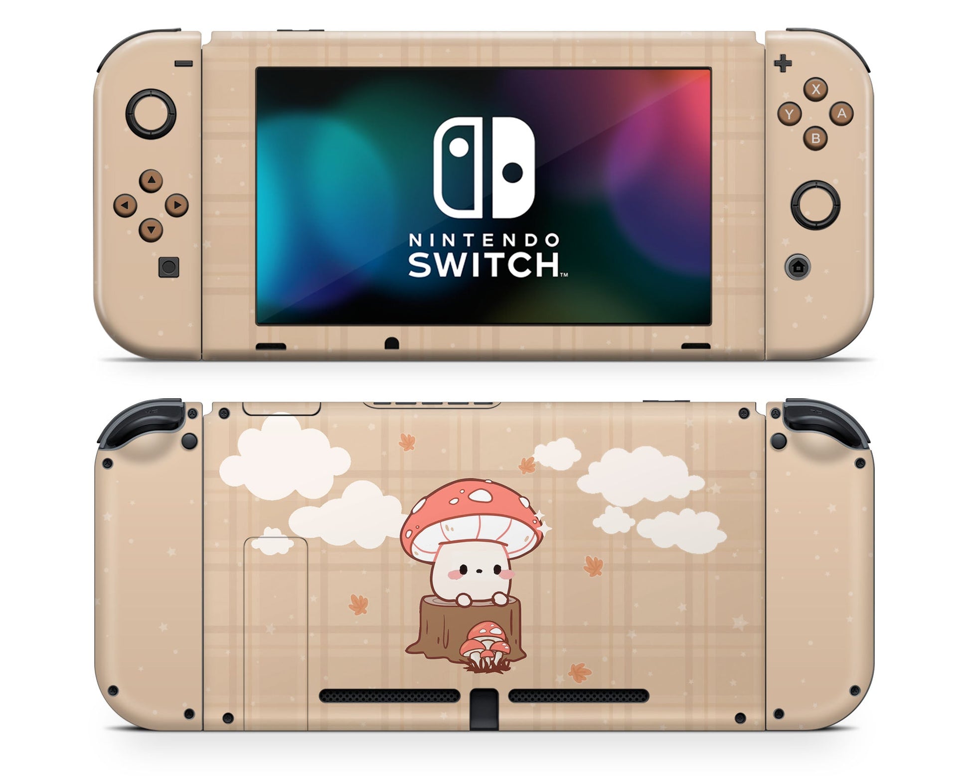 Lux Skins Nintendo Switch Brown Mushroom Cutie Full Set +Tempered Glass Skins - Art Floral Skin