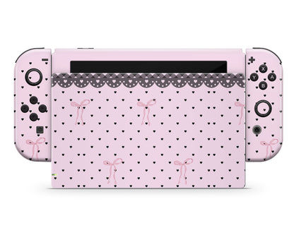Lux Skins Nintendo Switch Pink Bow Black Lace Full Set +Tempered Glass Skins - Pattern  Skin