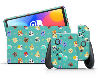 Lux Skins Nintendo Switch OLED Teal Animal Crossing Campers Full Set Skins - Pop culture Animal Crossing Skin