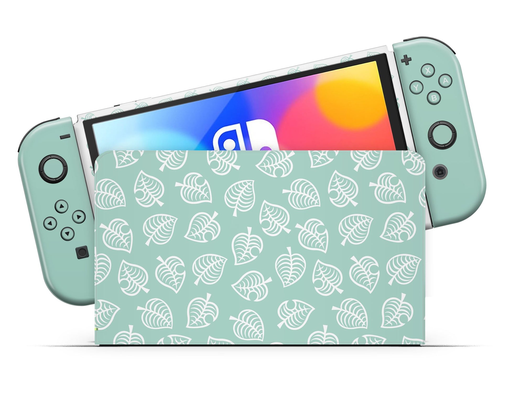 Lux Skins Nintendo Switch OLED Anime Crossing Teal Leaves Full Set Skins - Pop culture Animal Crossing Skin