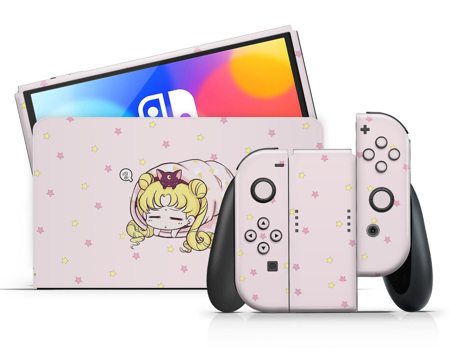 Lux Skins Nintendo Switch OLED Sleeping Sailor Moon Pastel Pink Full Set Skins - Pop culture Sailor Moon Skin
