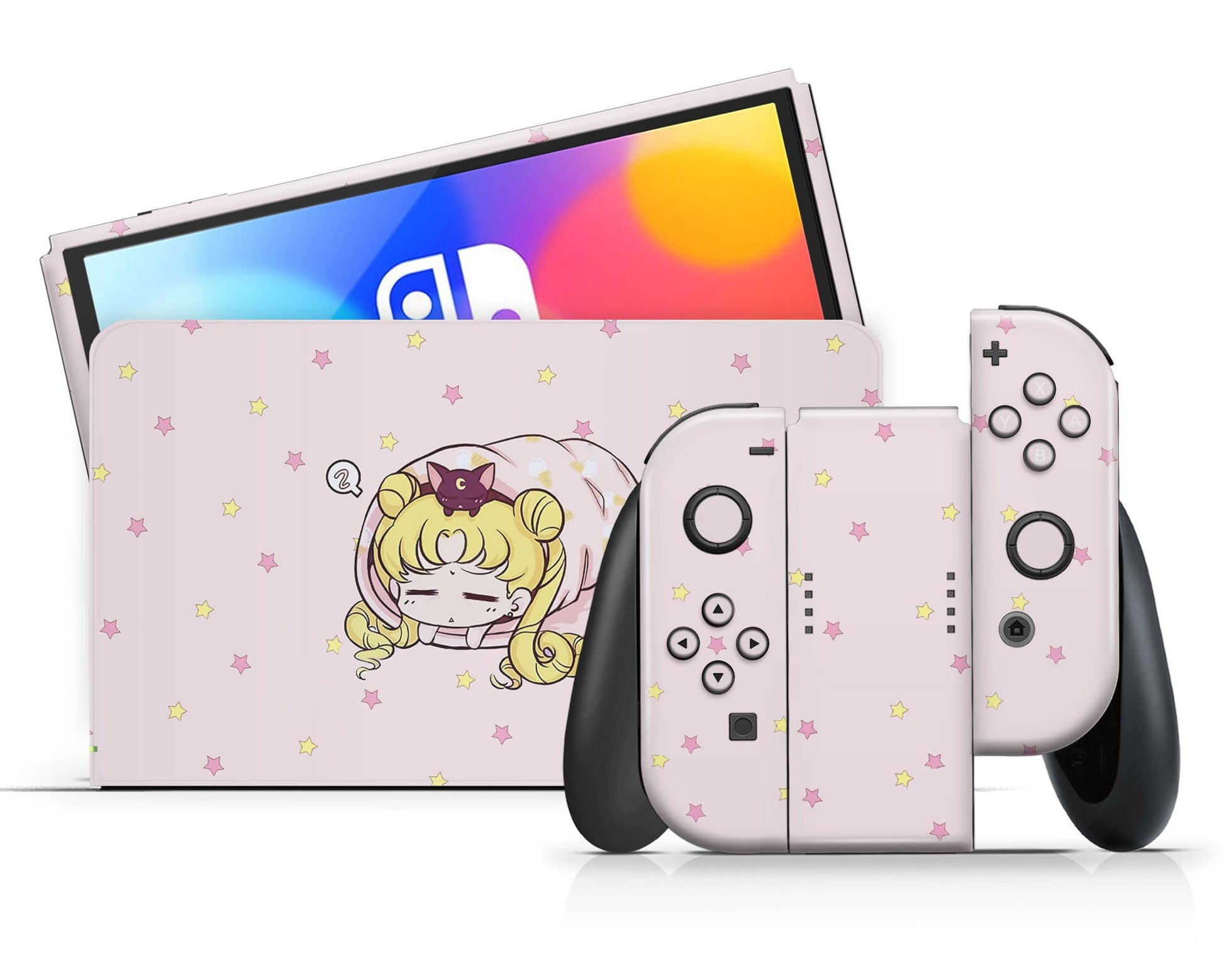 Lux Skins Nintendo Switch OLED Sleeping Sailor Moon Pastel Pink Full Set Skins - Pop culture Sailor Moon Skin