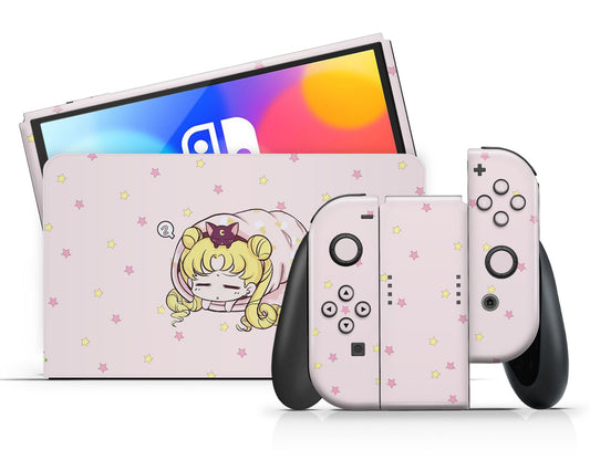 Lux Skins Nintendo Switch OLED Sleeping Sailor Moon Pastel Pink Full Set Skins - Pop culture Sailor Moon Skin