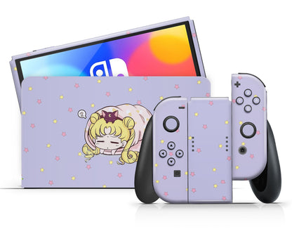 Lux Skins Nintendo Switch OLED Sleeping Sailor Moon Pastel Lavender Full Set Skins - Pop culture Sailor Moon Skin