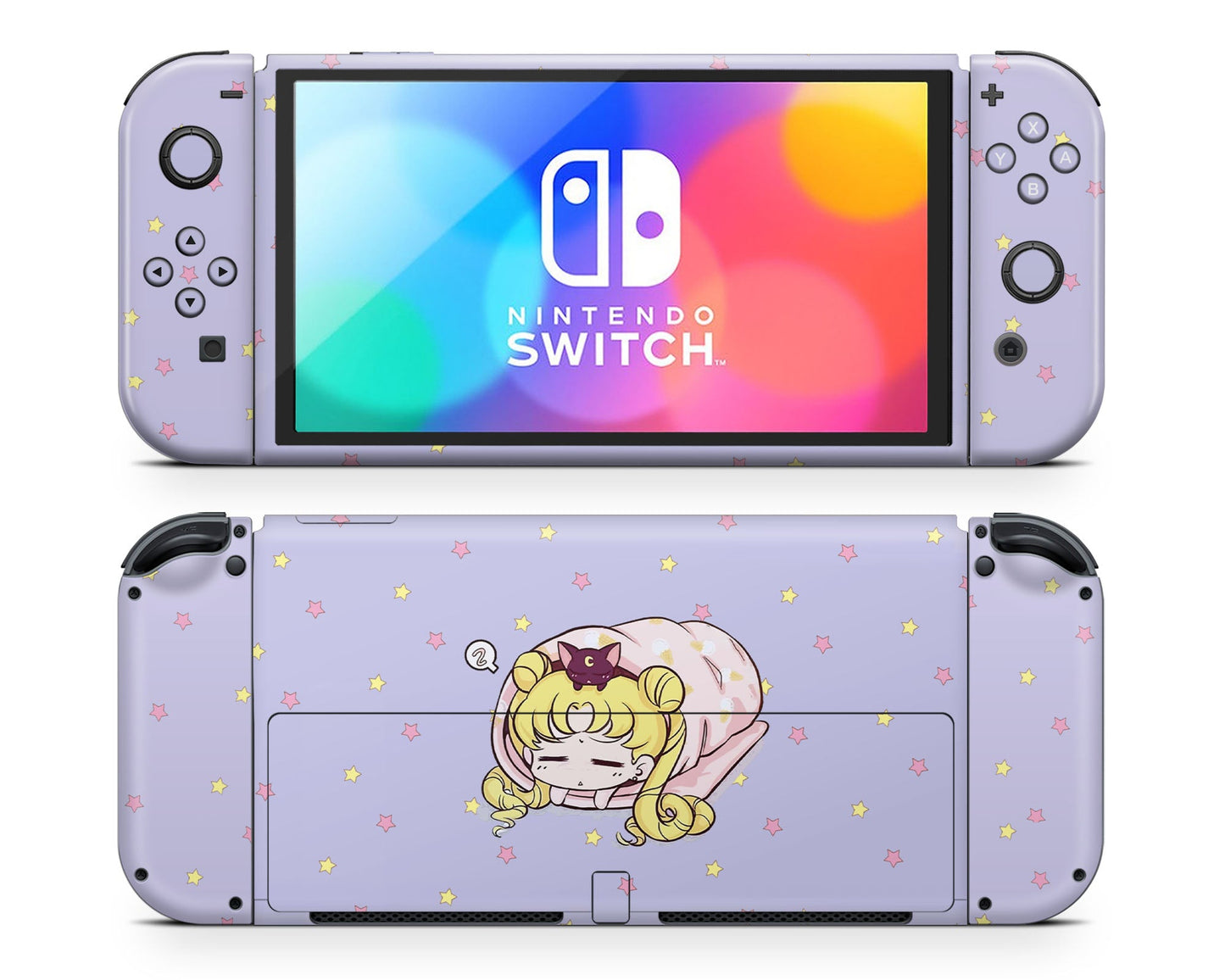 Lux Skins Nintendo Switch OLED Sleeping Sailor Moon Pastel Lavender Full Set Skins - Pop culture Sailor Moon Skin