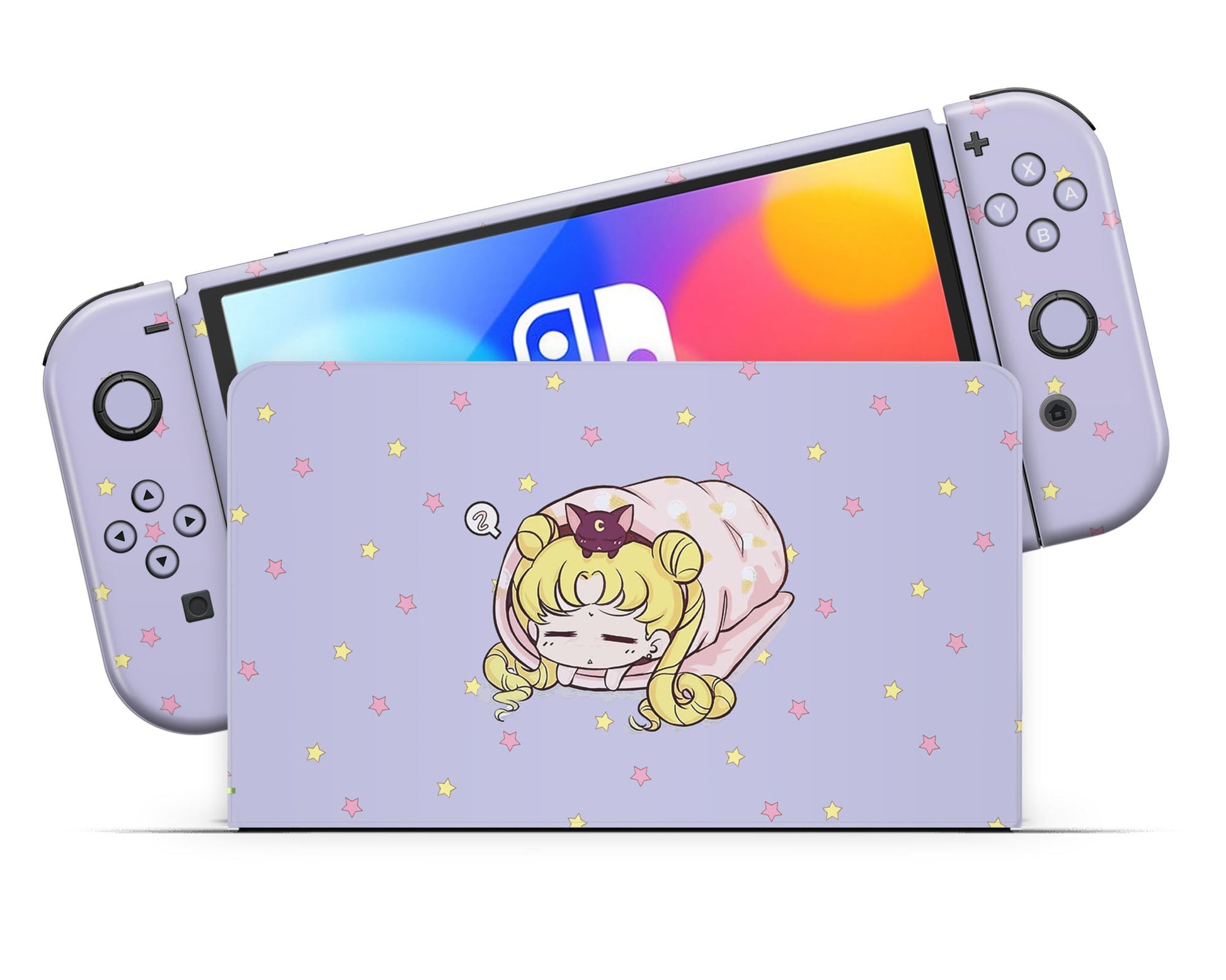 Lux Skins Nintendo Switch OLED Sleeping Sailor Moon Pastel Lavender Full Set Skins - Pop culture Sailor Moon Skin