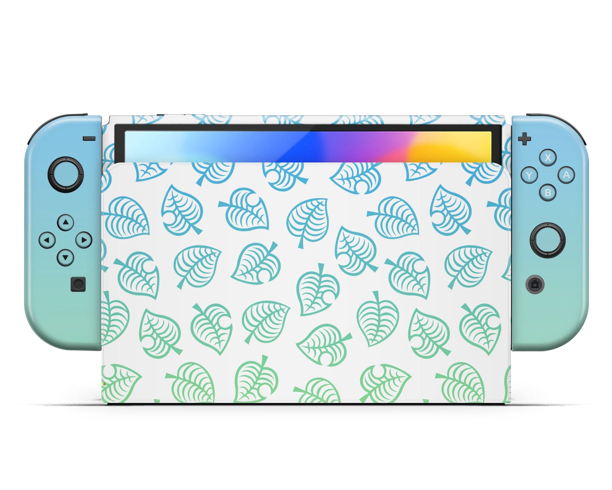 Lux Skins Nintendo Switch OLED Animal Crossing Green Blue Leaf Gradient Ombre Full Set +Tempered Glass Skins - Pop culture Animal Crossing Skin