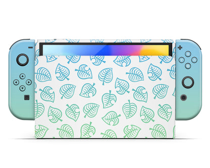 Lux Skins Nintendo Switch OLED Animal Crossing Green Blue Leaf Gradient Ombre Full Set +Tempered Glass Skins - Pop culture Animal Crossing Skin